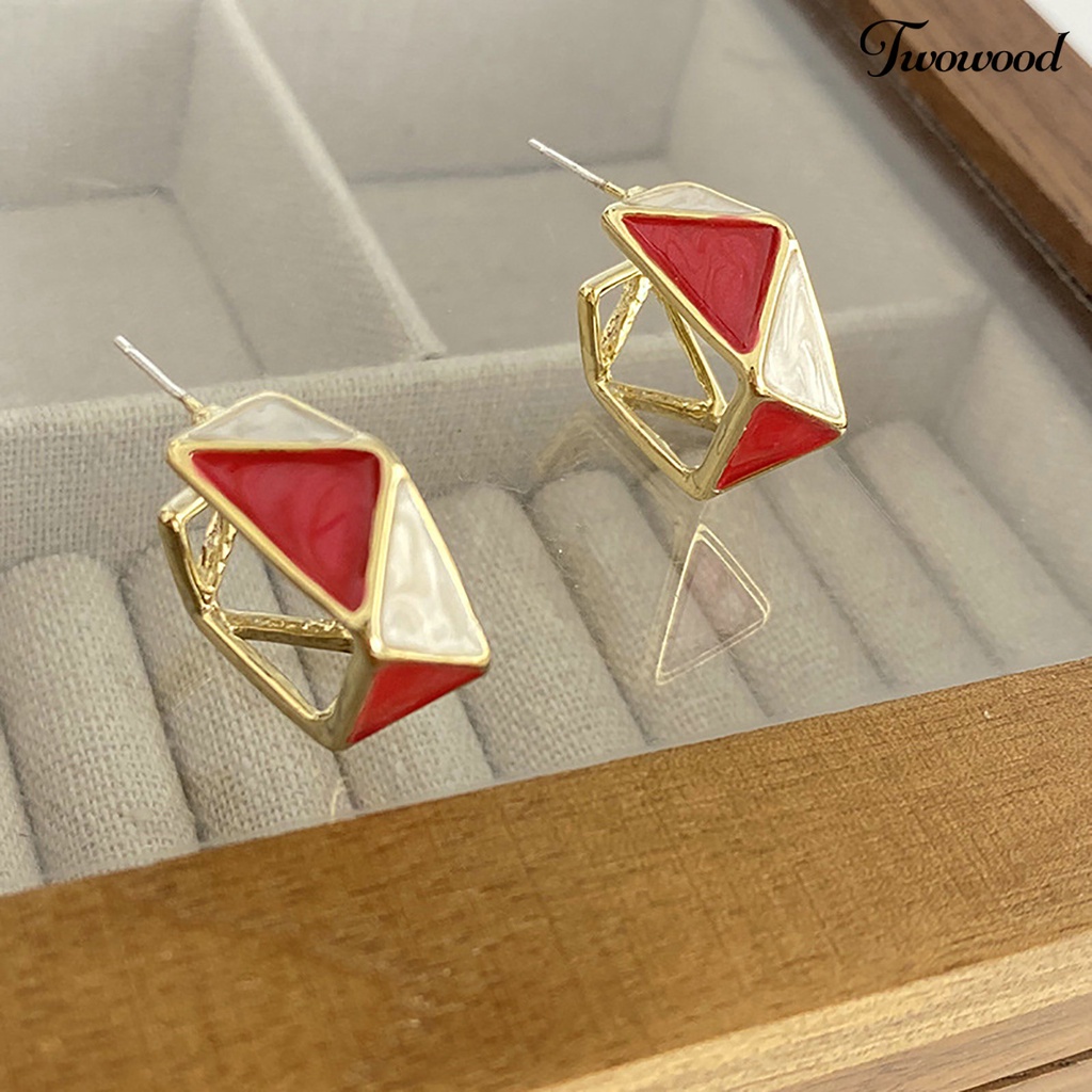 Twowood 1pasang Anting Stud Vintage Temperamen Geometris Sederhana Meriah Hias Warna Merah Wanita Belah Ketupat Liontin Drop Earrings Perhiasan Untuk Tahun Baru Cina