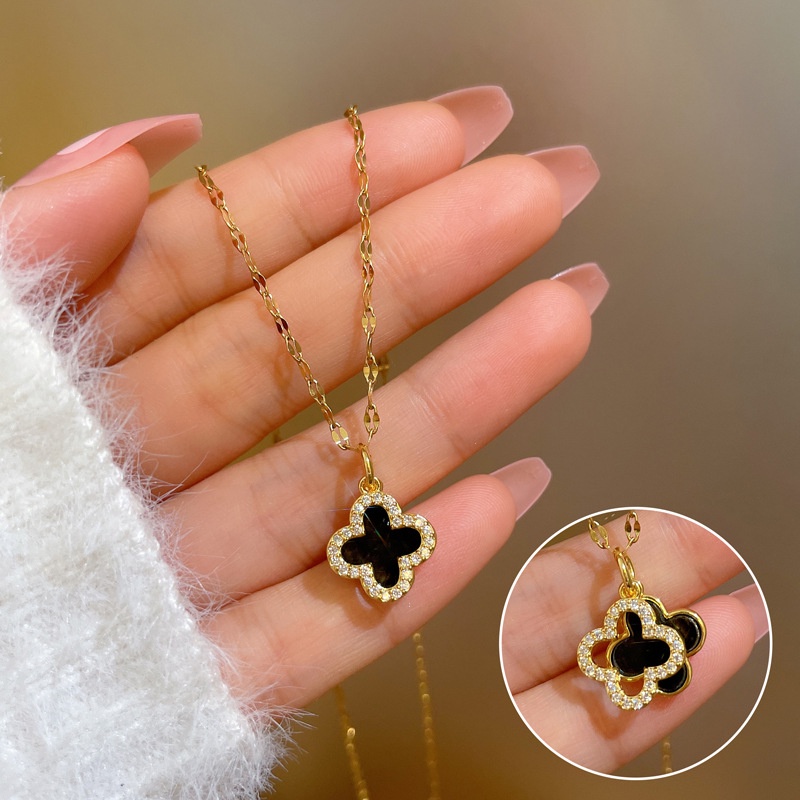 Kalung Titanium Asli Wanita Anti Karat Emas 18K Clover Aksesoris