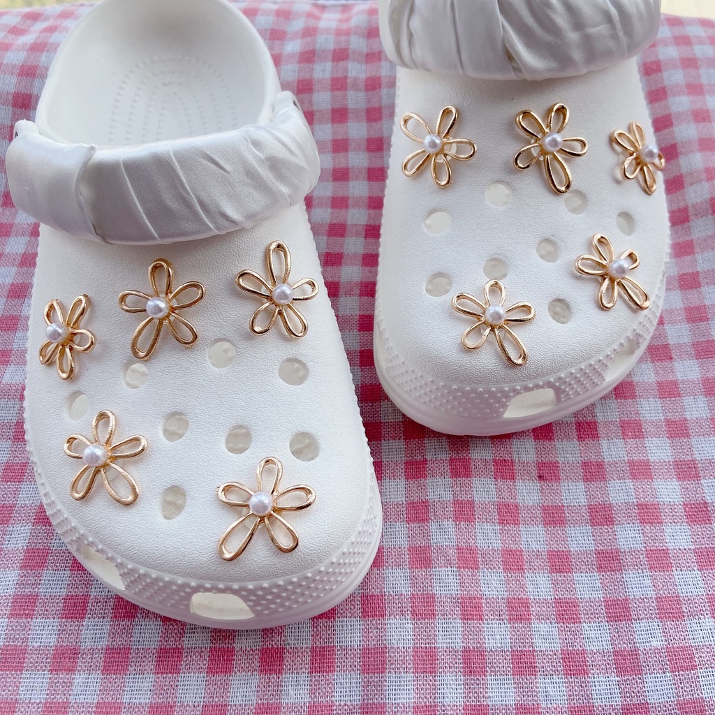 10pcs Pesona Sepatu Metal Pearl Daisy Crocs Jibbitz | Jibbitz Sepatu Crocs Hias Charm Kompatibel Dengan Sandal Untuk Wanita