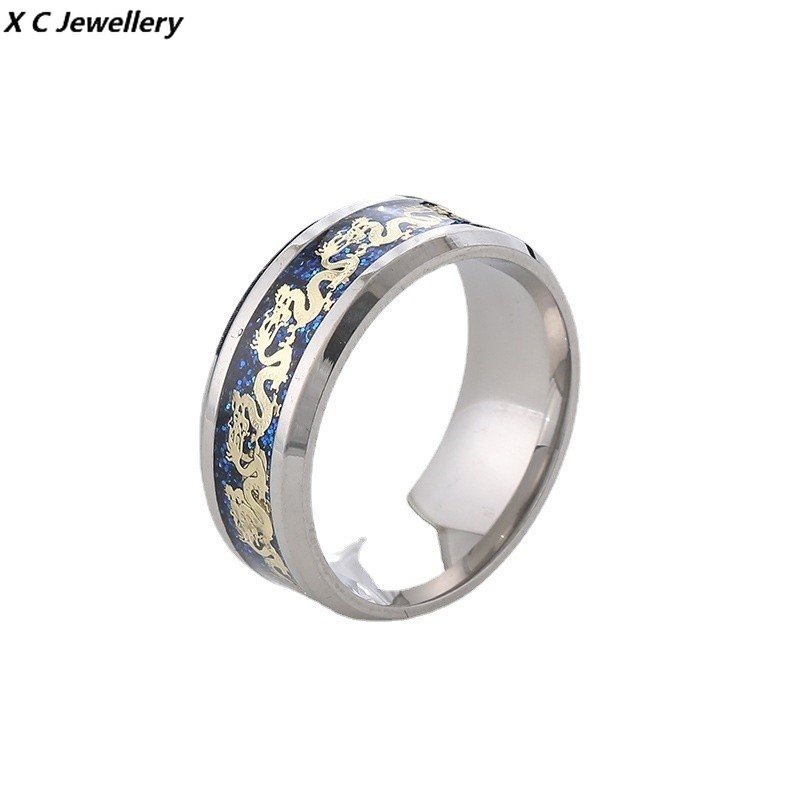 [X C Perhiasan] Cincin Pria Fashion Etnis Cincin Naga Luar Spiral Baja Titanium Berlapis Emas 18k