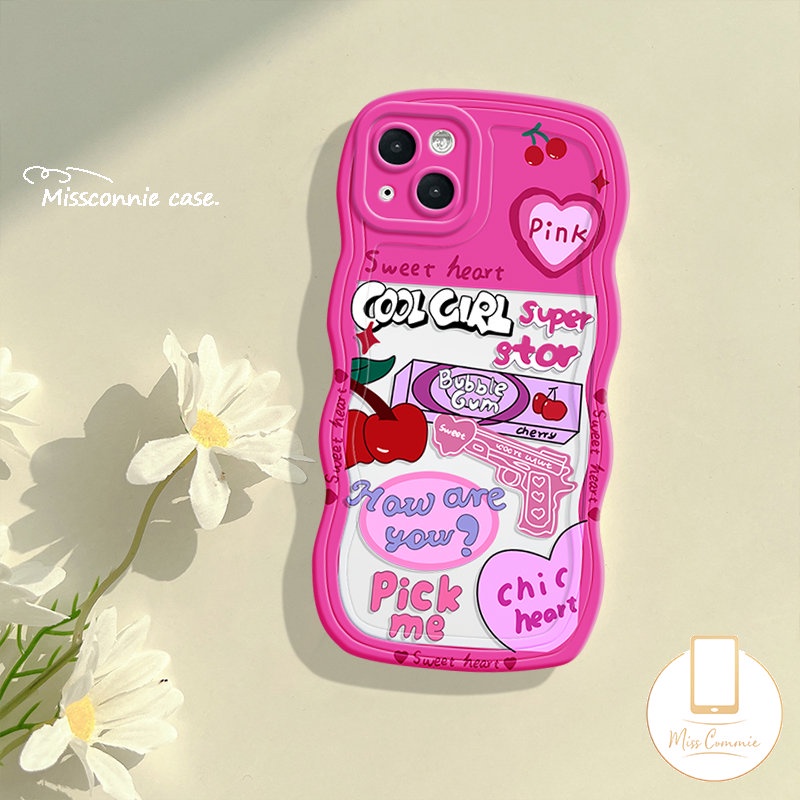 IPHONE Casing Tepi Bergelombang Kompatibel Untuk Iphone11 14 13 12 Pro Max X7 8 14 6s 6 Plus XR XS Max SE 2020 Label Fashion Cinta Hati Cherry Tpu Soft Phone Cover