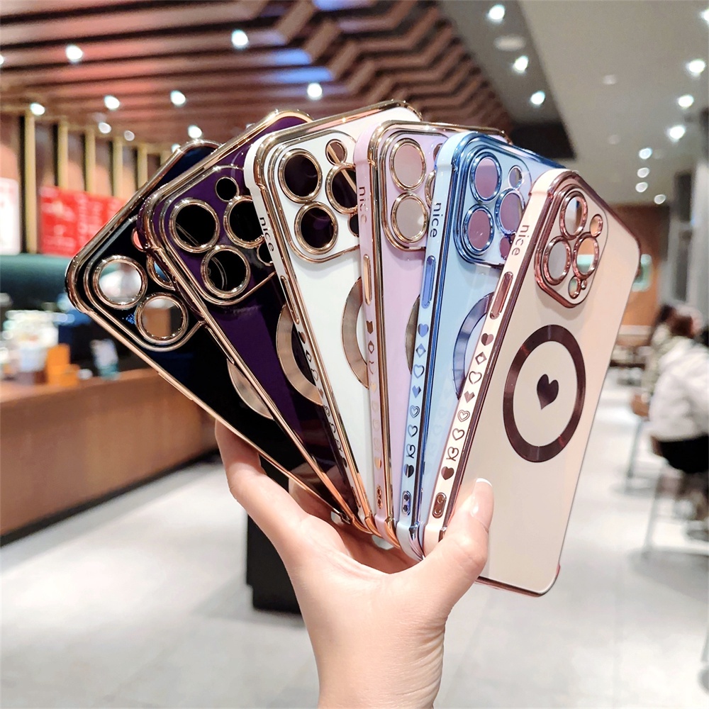 IPHONE Plating Lucu Cinta Hati Casing Ponsel Untuk Iphone11 12 Pro Max13 14 Pro Max Magnetik Nirkabel Charge Shockproof Fundas