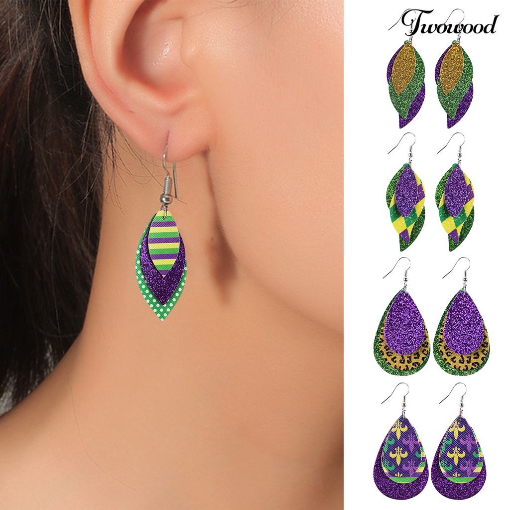 Twowood 1pasang Anting Kait Warna-Warni Glitter Teardrop Berbentuk Daun 3lapis Kulit Imitasi Menjuntai Anting Perlengkapan Karnaval