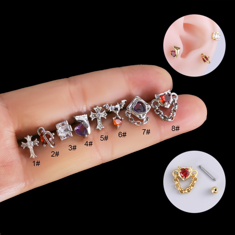 1biji Sekrup Kepala Ganda Bahan Stainless Steel 20Gauge Piercing Helix Lobe Pinna Earring Stud Dengan Zircon