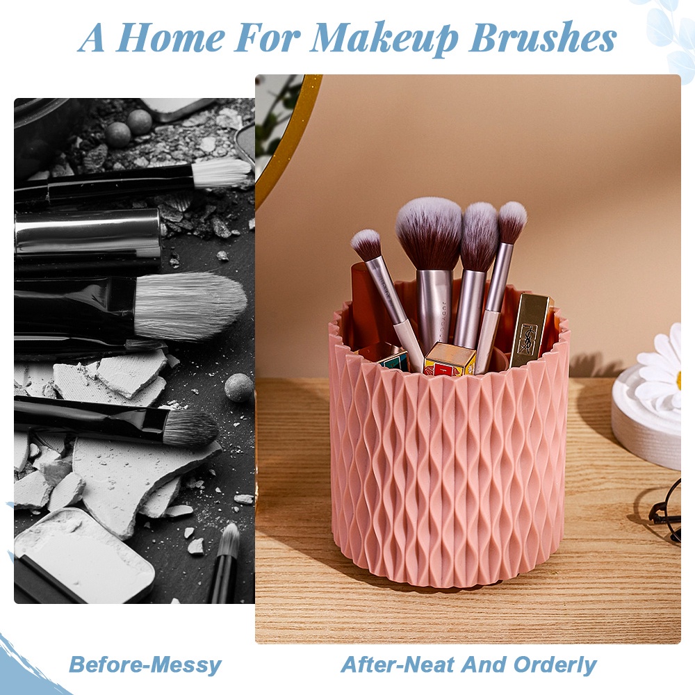 360 °Kotak Penyimpanan Kosmetik Putar Tahan Debu Tempat Pulpen Makeup Brush Storage Bucket Kapasitas Besar Cosmetic Storage Desktop Makeup Organizer Wadah Pena