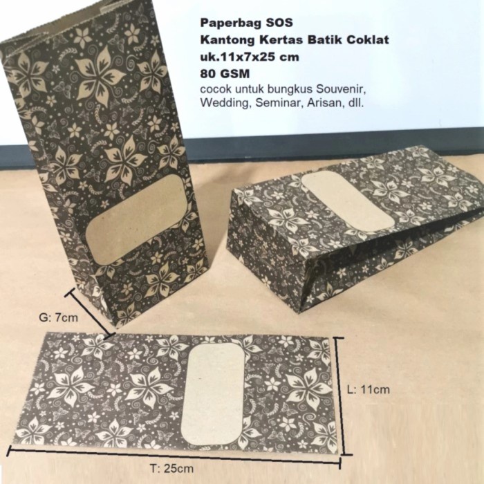 

⭐BISA COD⭐ Paper Bag Kantong Kertas SOS Batik Coklat (L) 11x7x25 cm isi 100 pcs