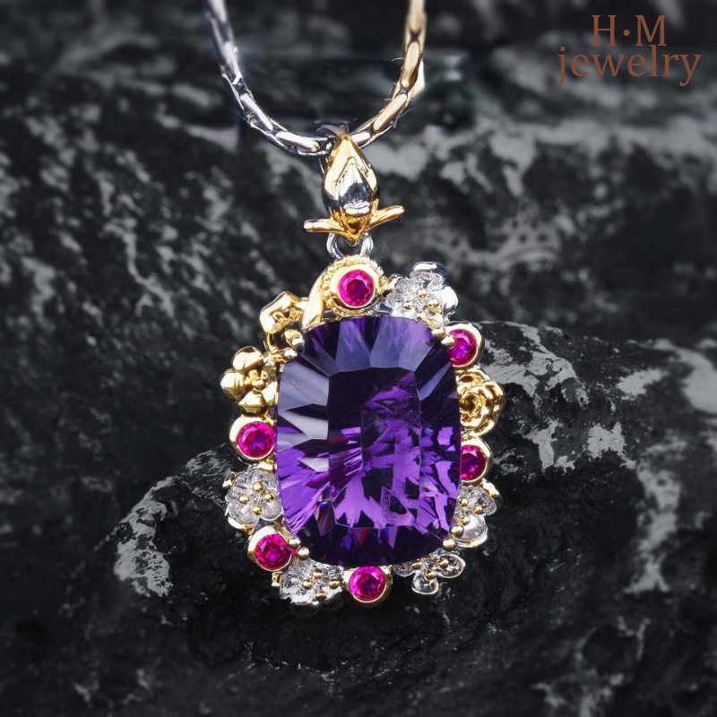 Kalung Emas Ukir Anyaman Lemon Crystal Pendant Amethyst Ornament