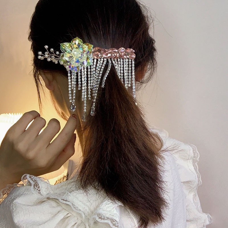 Korean Light Luxury Dazzle Retro Tassel Crystal Flower Hairpin Long Chain Spring Clip Female