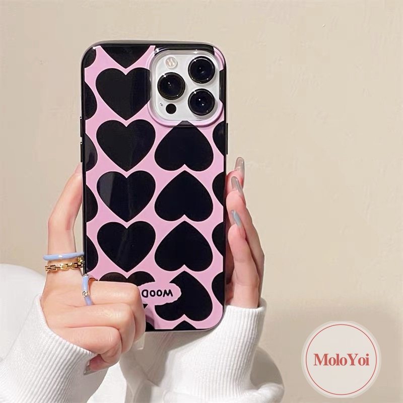 IPHONE Ins Cinta Hati Case Kompatibel Untuk Iphone7 8 Plus Xr14 13 11 12 Pro Max 7plus X XS Max SE 2020 Shockproof Glossy Halus Keren Hitam Soft Cover