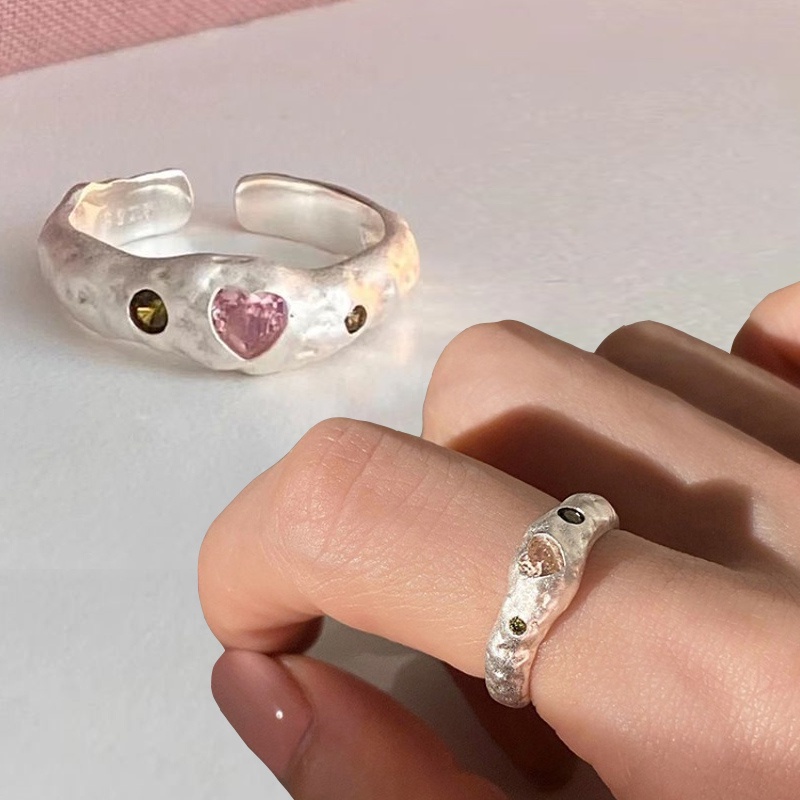 Cincin Zirkon Warna-Warni Tidak Teratur Minimalis/Cincin Adjustable Pembukaan Warna Silver Elegan/Cincin Berlian Hati Pink Trendi