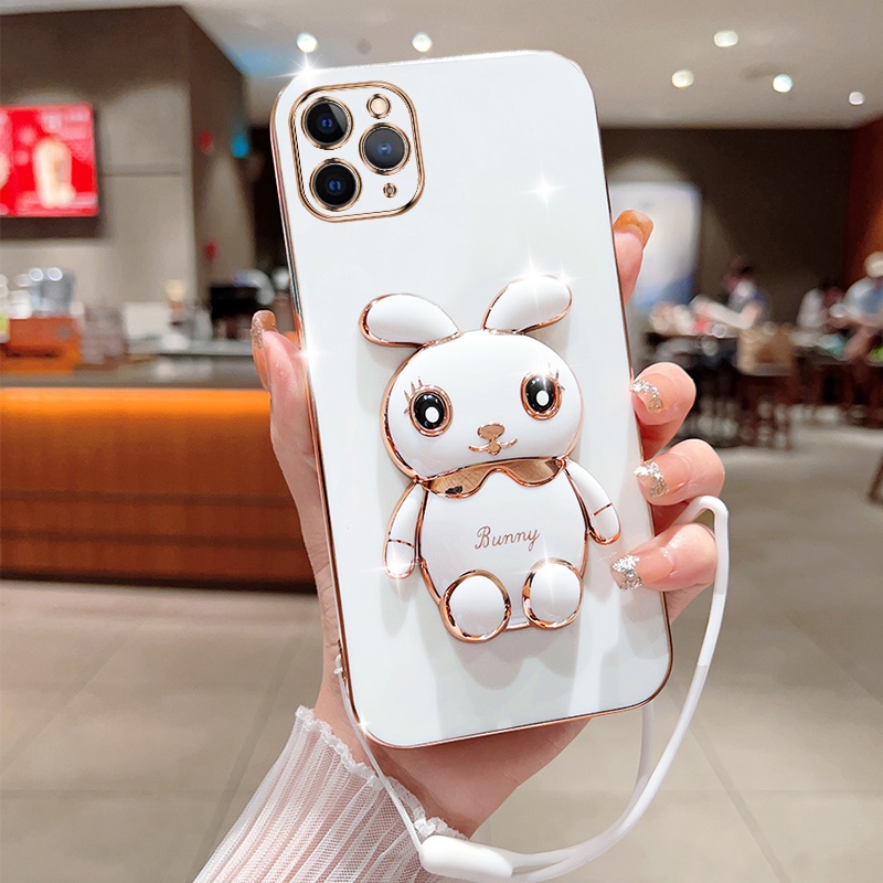 IPHONE 6d Electroplated soft shell phone case Kompatibel Untuk Iphone14 pro Max13 12 11 pro iphone7 /8 plus xs xsmax xr Dengan Tali Ponsel Kelinci bracket back cover casing