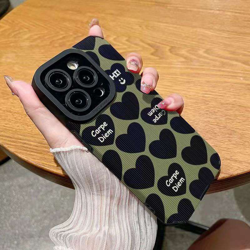 【Lamb Skin】Green Black Love Soft Case for IPhone 6S 7 Plus 8 Plus X XS XR XS Max 11 13 12 14 PRO Max 14 Plus 12 13 Mini Camera Protect Cute Women's Fashion