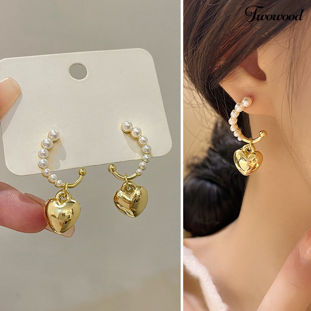 Twowood 1pasang Drop Earrings Temperamen Elegan Mutiara Imitasi Terang Kilau Geometris Hias Hadiah Wanita Romantis Hati Liontin Stud Earrings Perhiasan Untuk Pakaian Sehari-Hari