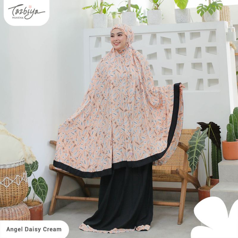 Mukena Tazbiya Angel Daisy Grey Blue Cream Jumbo Dewasa Katun Rayon Adem Motif Cantik Treveling