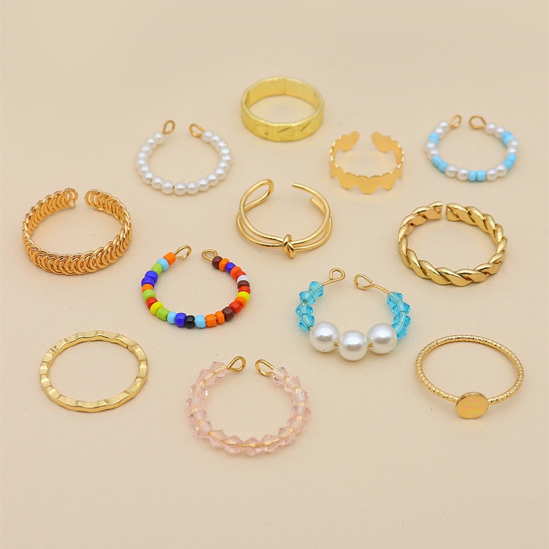 12pcs/set Cincin Manik-Manik Warna-Warni Gaya Bohemian Cinta Hati Cincin Geometris Set Untuk Aksesoris Perhiasan Pesta Wanita