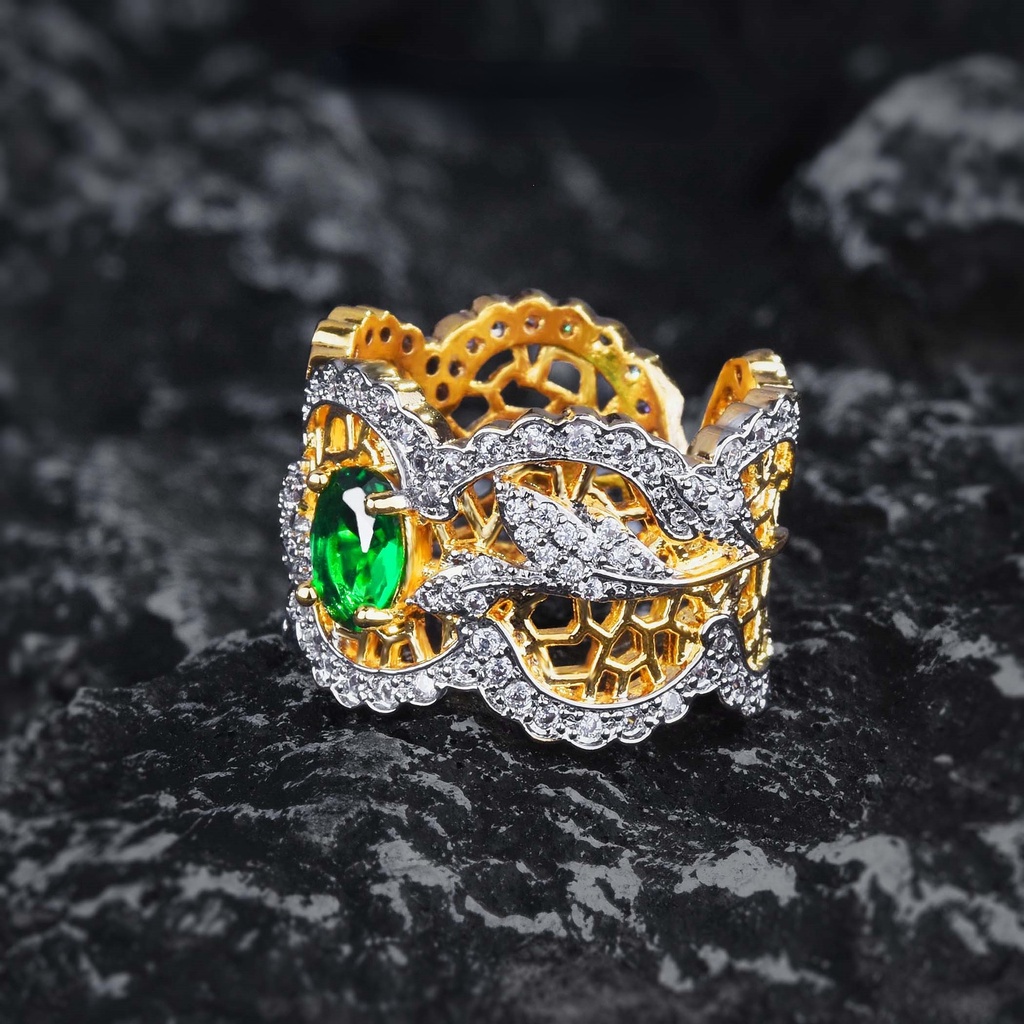 Goldkingdom Aksesoris Perhiasan Fashion Ready Stock Italia Gaya Pengadilan Dilubangi Pola Dua Warna Emas Gaoding Perhiasan Sedang Renda Kuno Imitasi Zamrud Dove Telur Cincin