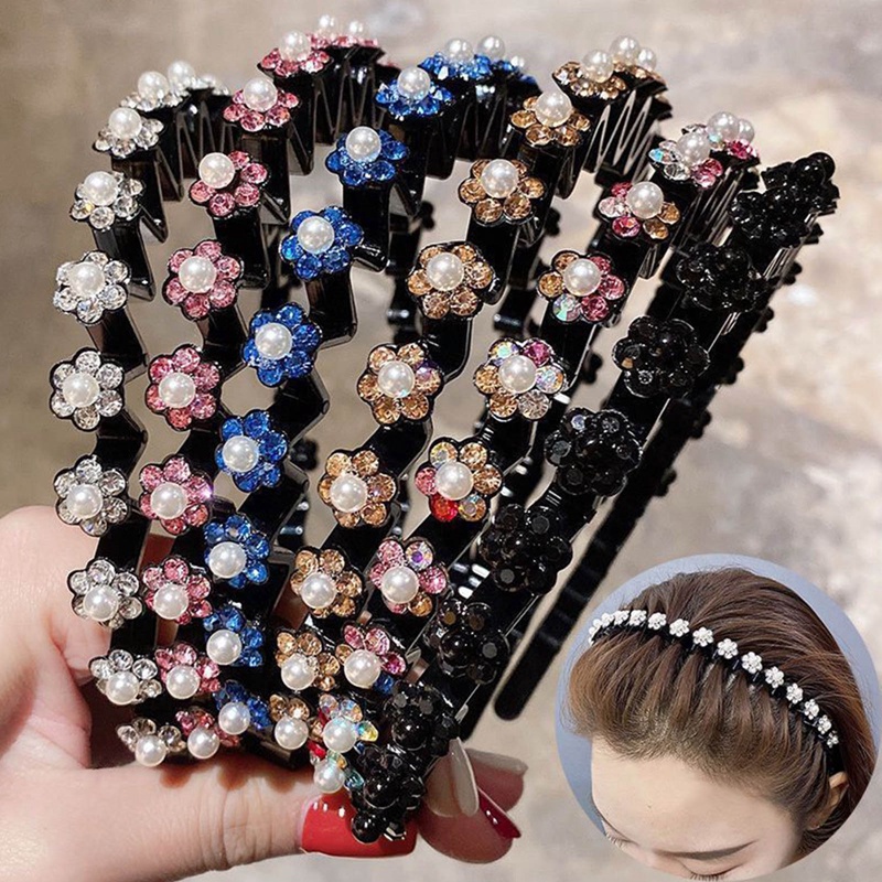 Double-layers Klip Rambut Dikepang Berlian Imitasi Mutiara Kupu-Kupu Wanita Rambut Band Hoop