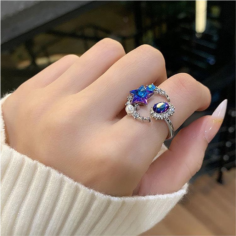 Retro Bulan Bintang Warna Perak Cincin Berlian Imitasi Mutiara Logam Rings Desain Terbuka Cincin Yang Dapat Disesuaikan Pacar Pasangan Rings Wanita Aksesoris Fashion