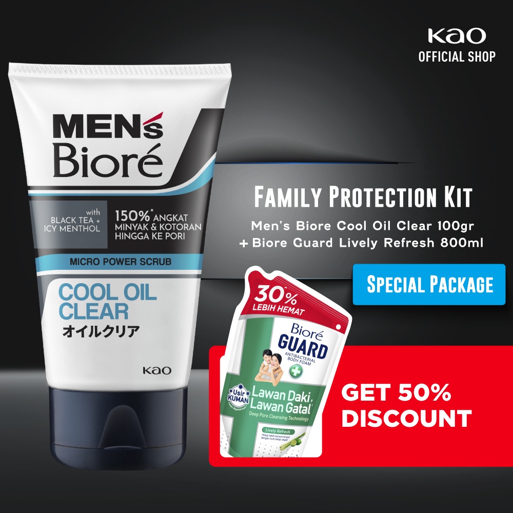 [Family Protection Kit] Men's Biore Double Scrub Sabun Muka Pria Cool Oil Clear 100 gr + Guard Sabun Mandi Cair Lively Refresh Refill 800 ml