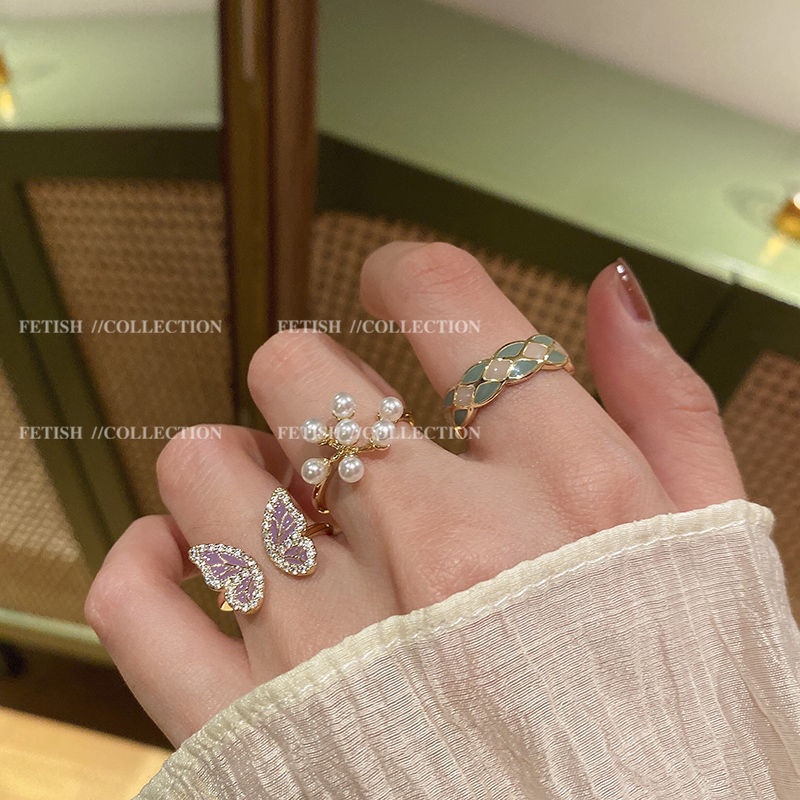 Fashion Gold Open Rings for Women Camellia Butterfly Pearl Finger Ring Elegant Accessories Jewelry