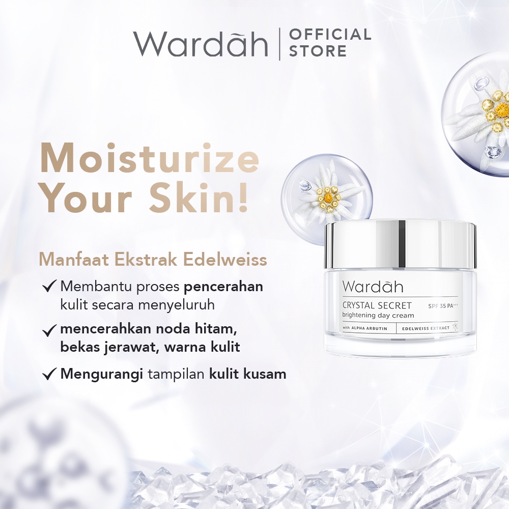 WARDAH Crystal Secret Brightening Day Cream Indonesia / Pelembab Wajah 9ml 15ml 30g / SPF 35 PA+++ / With Alpha Arbutin Edelweiss Extract / Moisturizes And Protects Skin From UVA/UVB Crystal Bright Skin / Skincare Face Care Series / Pagi Malam Night Krim