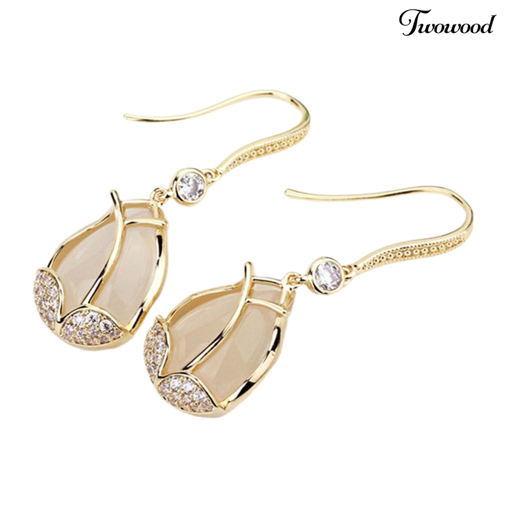 Twowood 1pasang Liontin Anting Tulip Liontin Bersinar Berlian Imitasi Inlay Geometris High-end Berdandan Hypoallergenic Mewah Wanita Cubic Zirconia Bunga Telinga Kait Perlengkapan Kostum