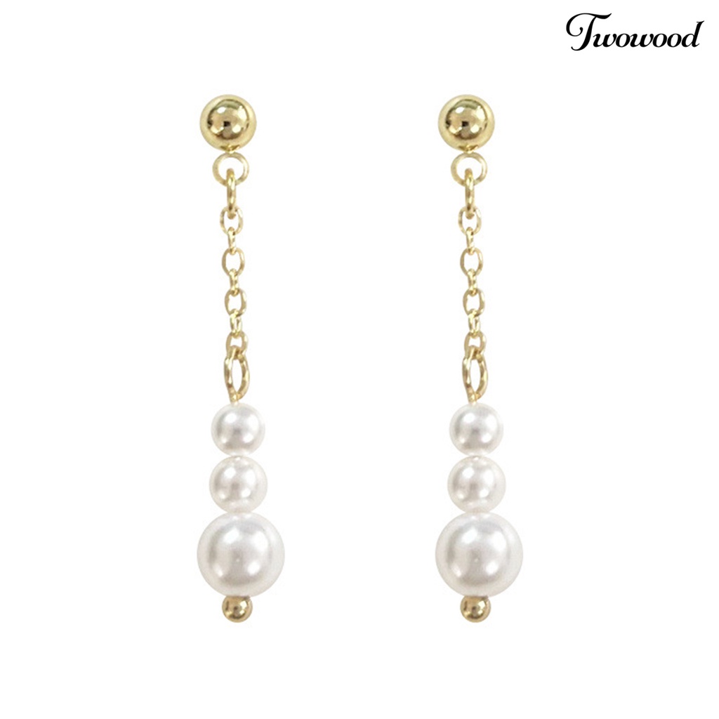 Twowood 1pasang Anting Pejantan Dainty Elegan Golden Hypoallergenic High Gloss Faux Pearl Rumbai Menjuntai Earrings Fashion Jewelry