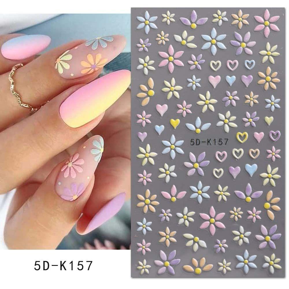 Needway   Bunga Stiker Kuku 5D Relief Fashion Cinta Hati Daisy Self Adhesive Nail Dekorasi