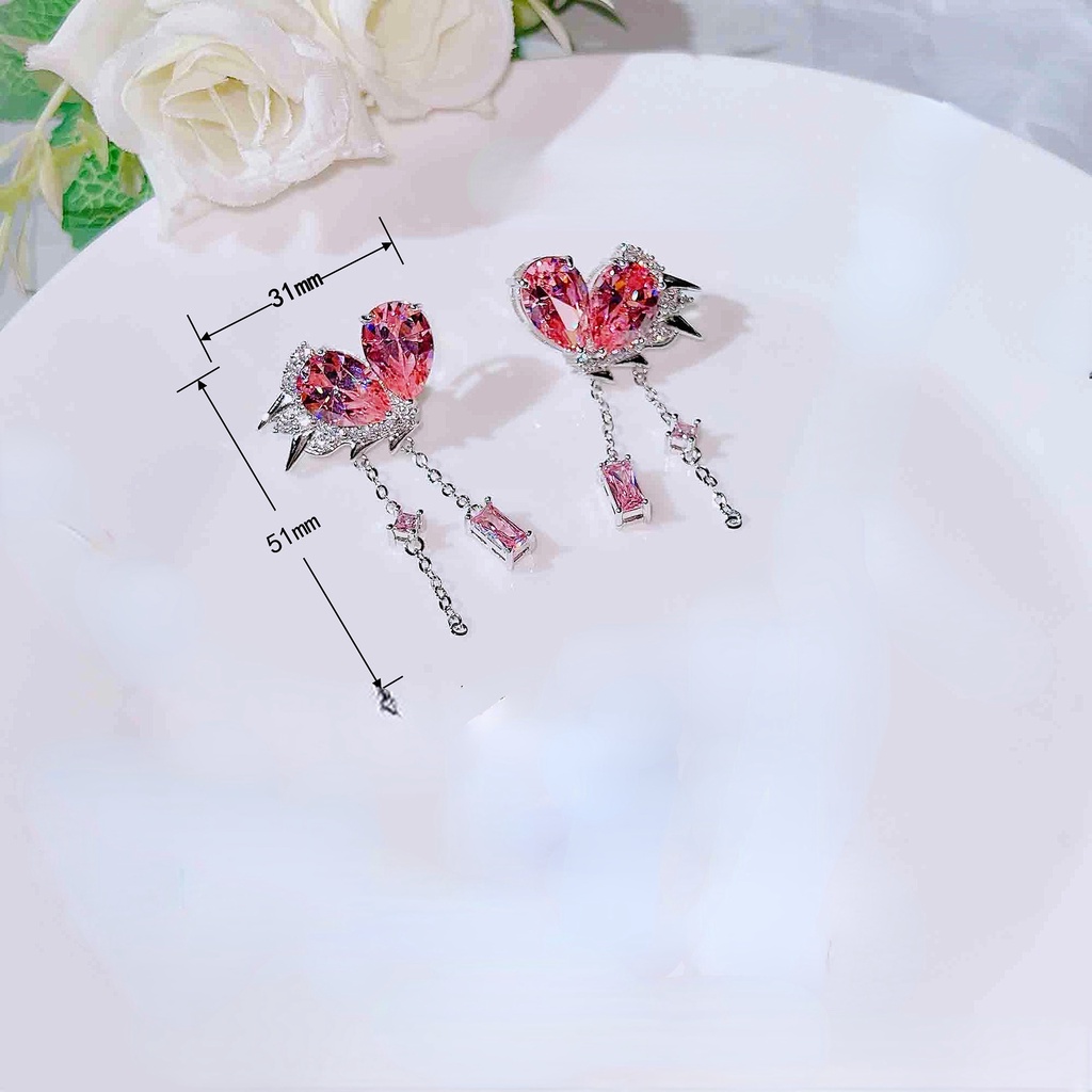 Goldkingdom Aksesoris Perhiasan Fashion Ready Stock Cahaya Mewah Industri Berat Peach Pink Cinta Anting Rumbai Rasa Senior Desain Niche Berlian Merah Muda Telinga Perempuan