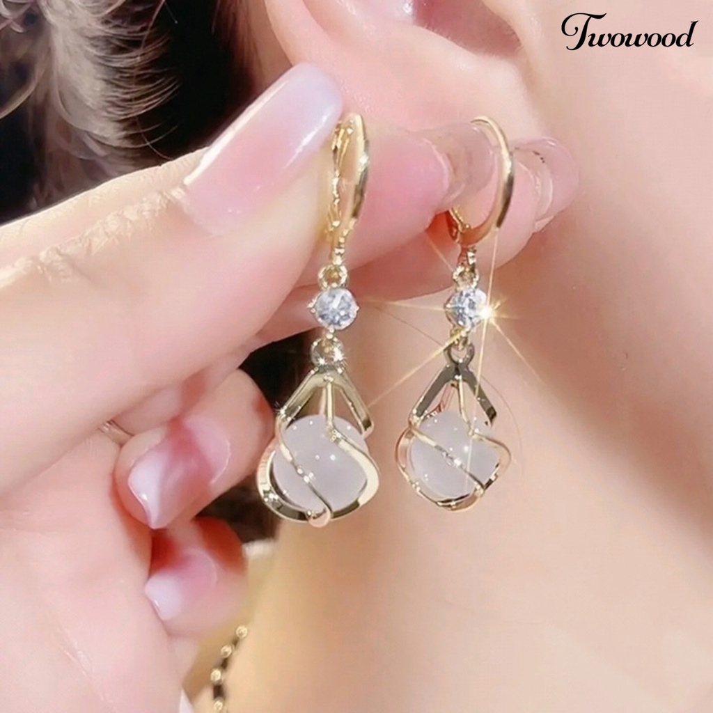 Twowood 1pasang Drop Anting Berongga Keluar Panjang Rumbai Shiny Berlian Imitasi Bertatahkan Berkilau Hias Hadiah Wanita Bulat Faux Opal Pendant Hoop Earrings Fashion Perhiasan