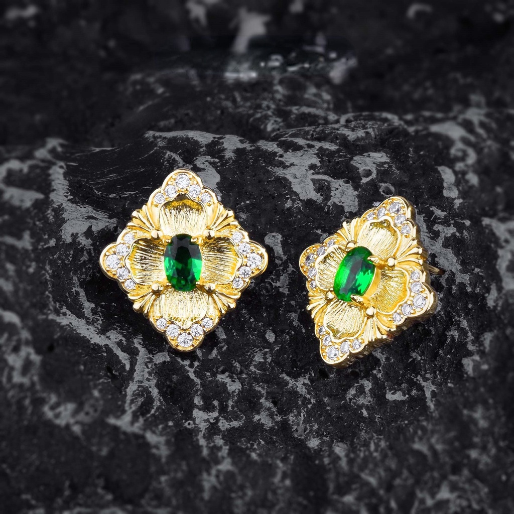 Goldkingdom Aksesoris Perhiasan Fashion Ready Stock Bratti Itali Craft Jewelry Retro Panjshir Emerald Perempuan Ear Studs