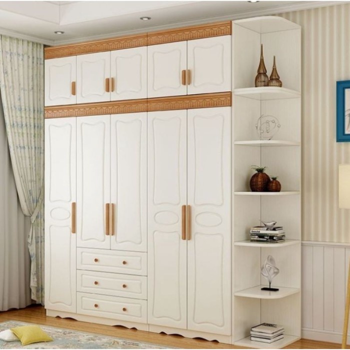 LEMARI PAKAIAN 5 PINTU MINIMALIS KAYU JATI KOMBINASI CAT DUCO PUTIH