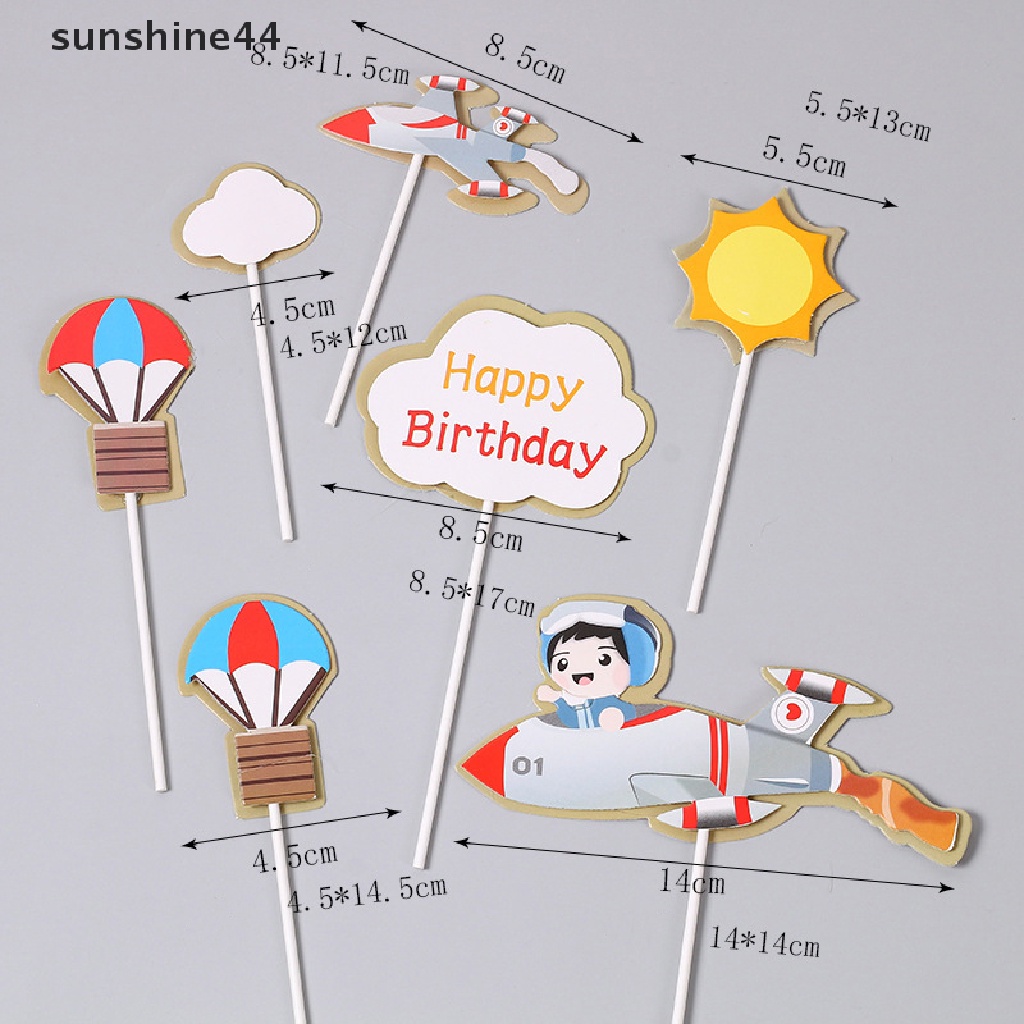 Sunshine Happy Birthday Cake Topper Pilot Pesawat Mobil Pohon Awan Anniversaire Decor Flag ID