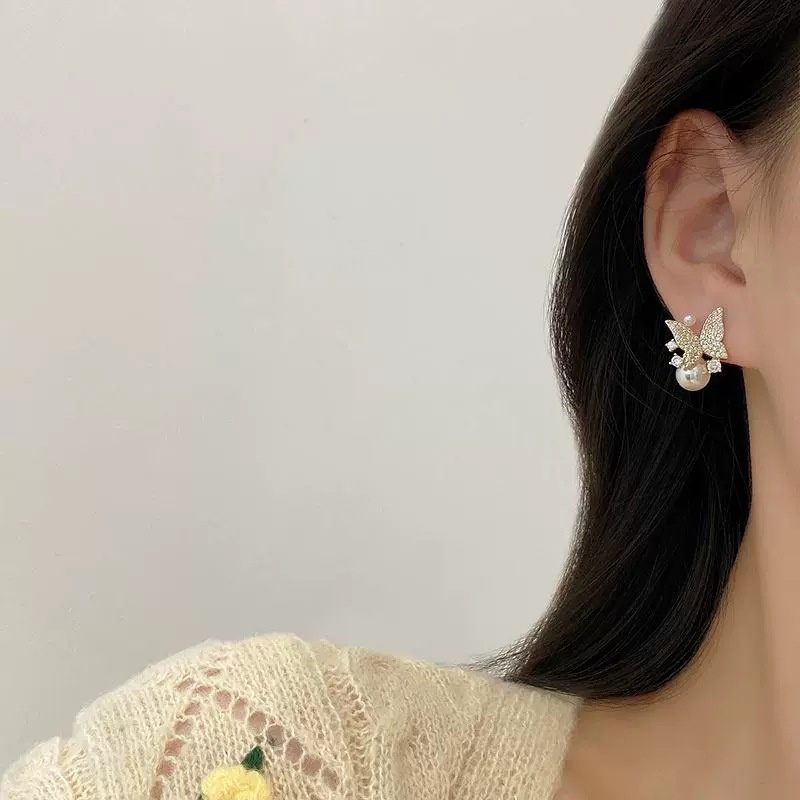 Jepang Japan Korea Selatan Gaya Baru Elegan Kupu-Kupu Berlian Imitasi Mutiara Temperamen Anting Fashion Unik