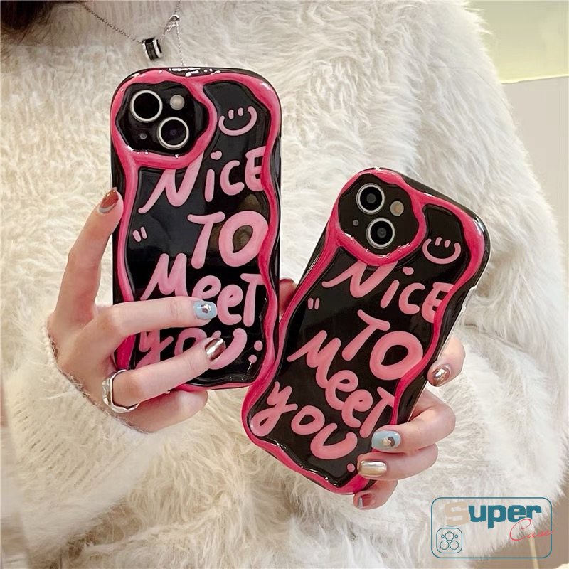 Ins Fashion Art Huruf Smile 3D Wavy Curved Edge Case Kompatibel Untuk iPhone XR 7plus 13 11 12 14 Pro Max8 7 6s 6 Plus X XS Max SE 2020 Glossy Tpu Lembut Shockproof Airbag Cover