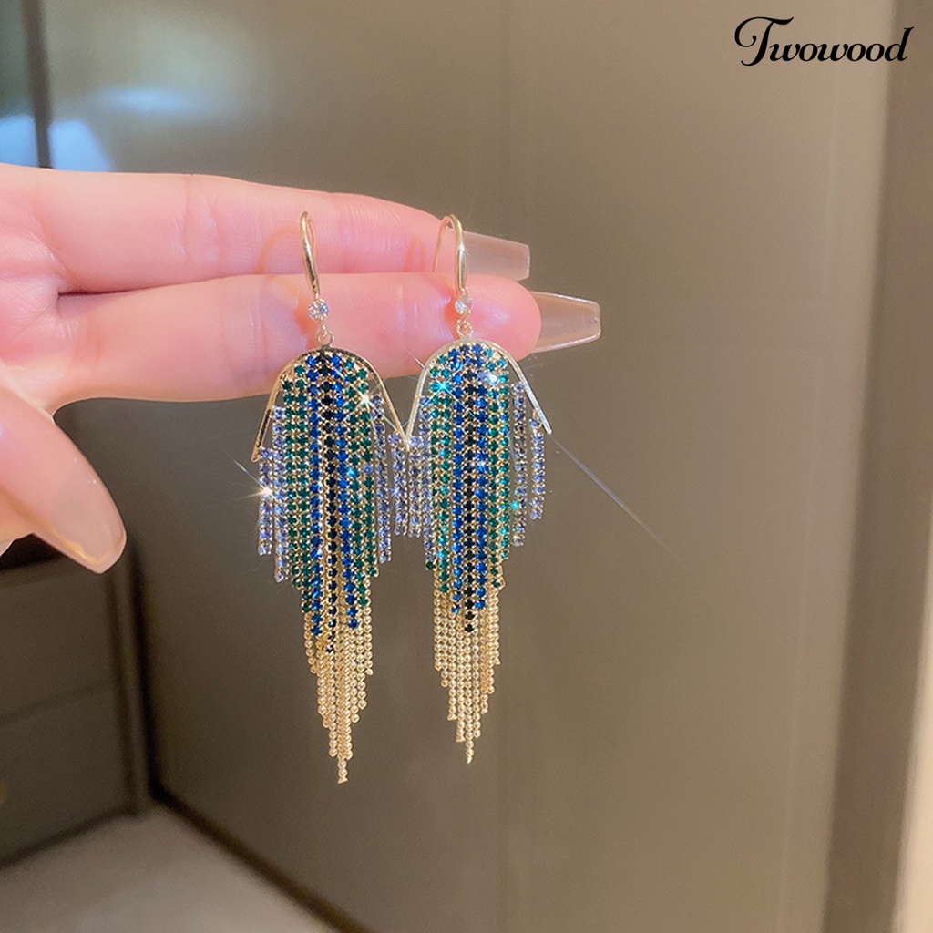 Twowood 1pasang Anting Panjang Glitter Perhiasan Statement Geometris Gaya Bohemian Warna-Warni Hias Berlian Imitasi Anting Rumbai Untuk Perjamuan