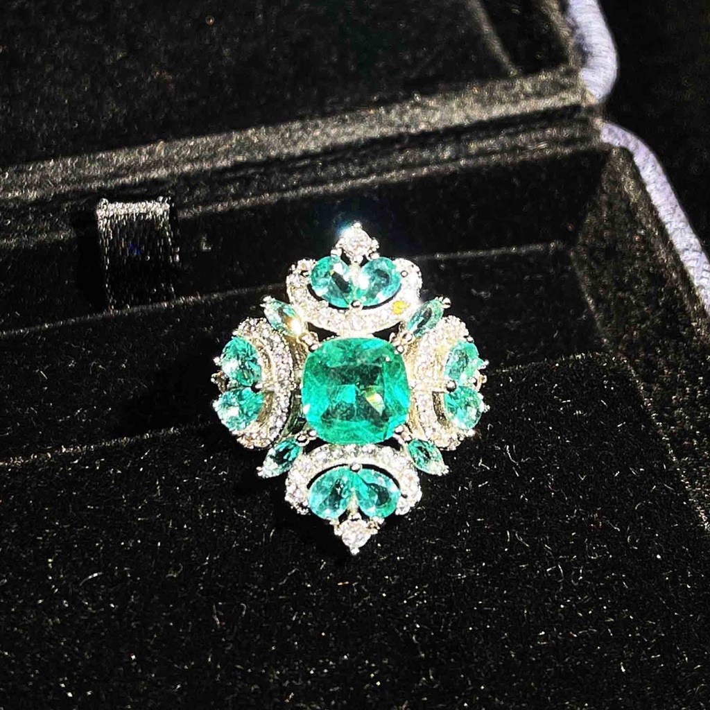 Goldkingdom Fashion Perhiasan Aksesoris Ready Stock Yang Sama Micro-Berukir Berlian-Hias Alami Paraiba Rumput Hijau Berlian Cincin Warna-Warni Perhiasan Wanita