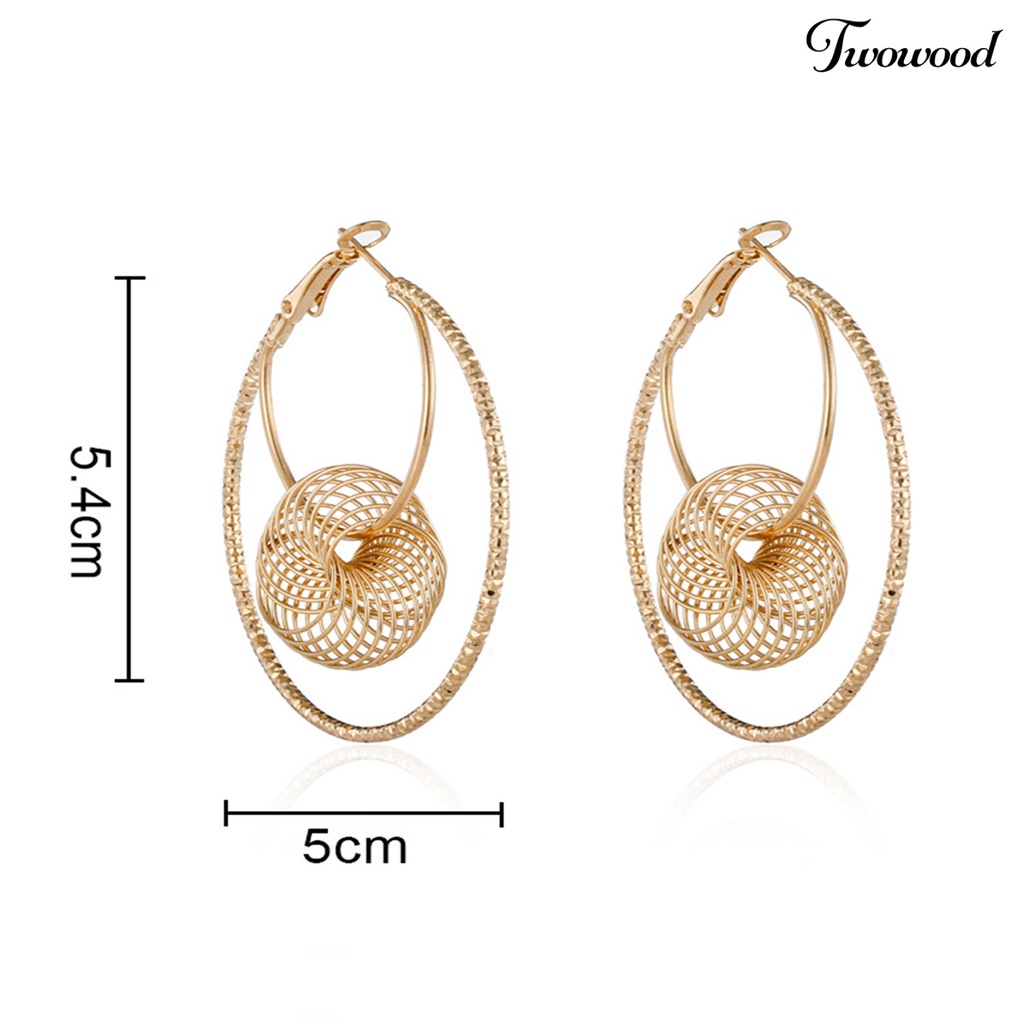 Twowood 1pasang Anting Hoop Double-layer Berlebihan Kepribadian Geometris Berongga Logam Lingkaran Anting Perhiasan Fashion