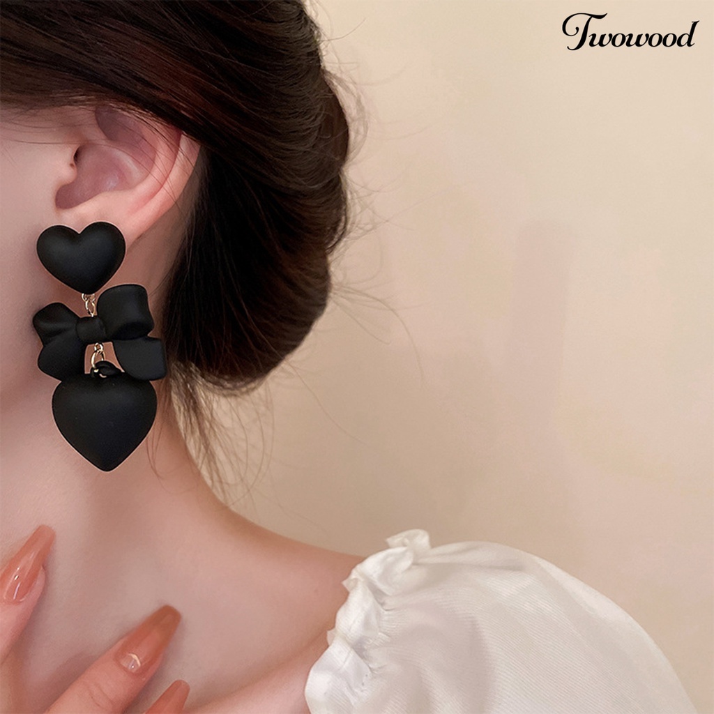 Twowood 1pasang Anting Tusuk Gothic Retro Berlebihan Elegan Hadiah Fashion Perhiasan Hati Hitam Ikatan Simpul Liontin Drop Earrings Untuk Pesta