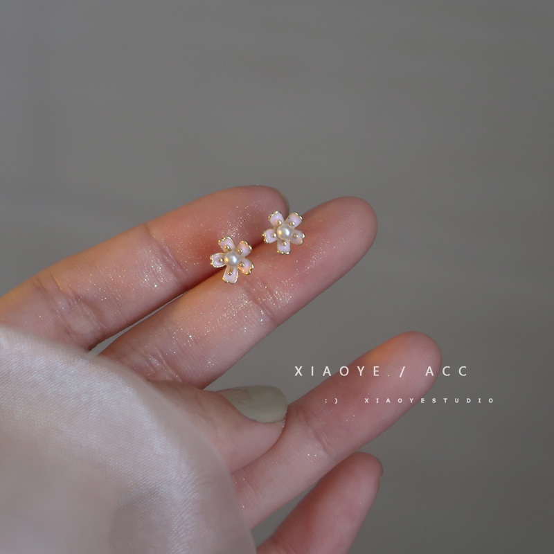 925 Perak Cherry Blossom Ear Studs Segar Anting Mini Wanita Baru Busur Mutiara Anting Hadiah