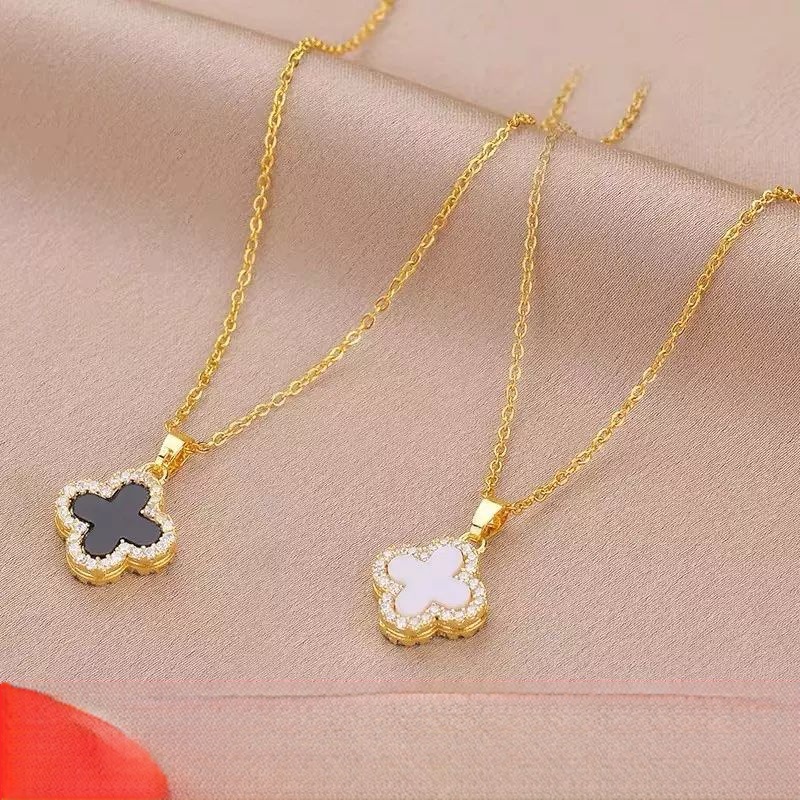 Ifyou Kalung Clover Hitam Sederhana Choker Rantai Emas Kristal Untuk Aksesoris Perhiasan Wanita