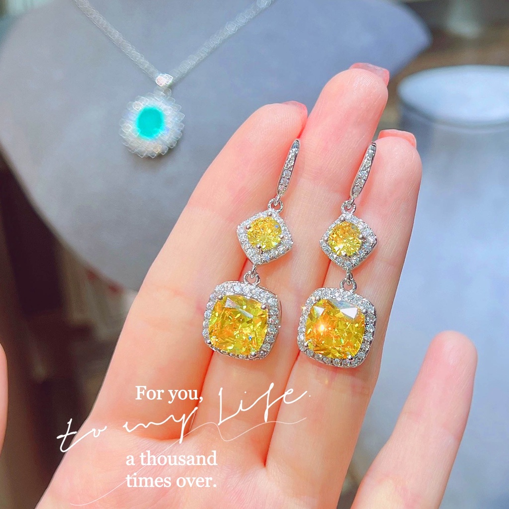 Goldkingdom Fashion Perhiasan Aksesoris Ready Stock Cross-border Eropa Dan Amerika Buatan Ruby Anting Briliant Berlian Kuning Gemuk Anting-Anting Persegi Panjang Aquamarine