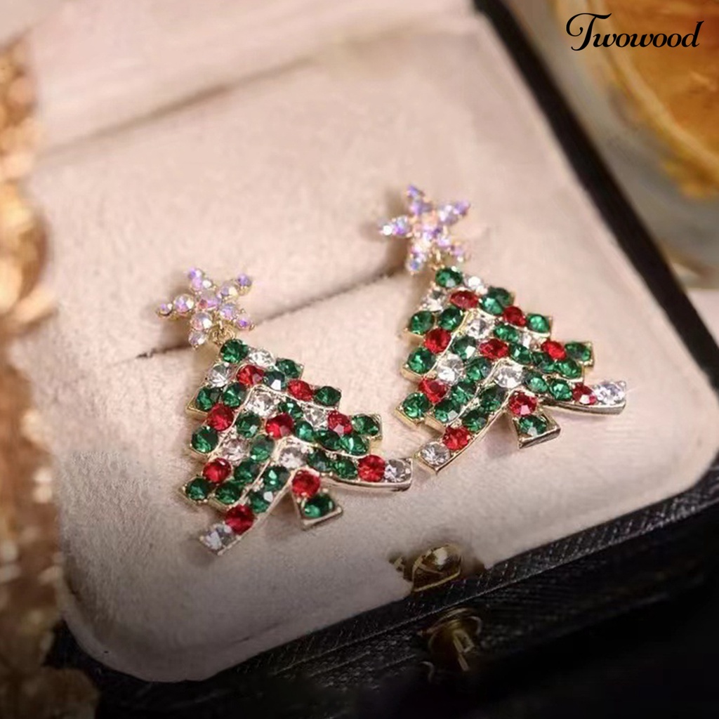 Twowood 1pasang Wanita Anting Natal High-end Mengkilap Cubic Zirconia Bentuk Pohon Natal Stainless Kaya Warna Menghias Telinga Indah Bentuk Bunga Lady Gantung Anting