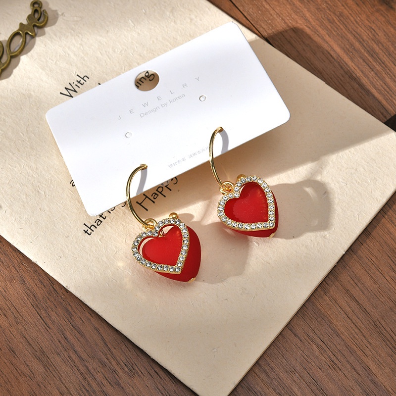 T Temperamen Merah Cinta Hati Anting Tahun Baru925 Perak Jarum Manis All-Match Peach Hati Anting Earrings Earrings