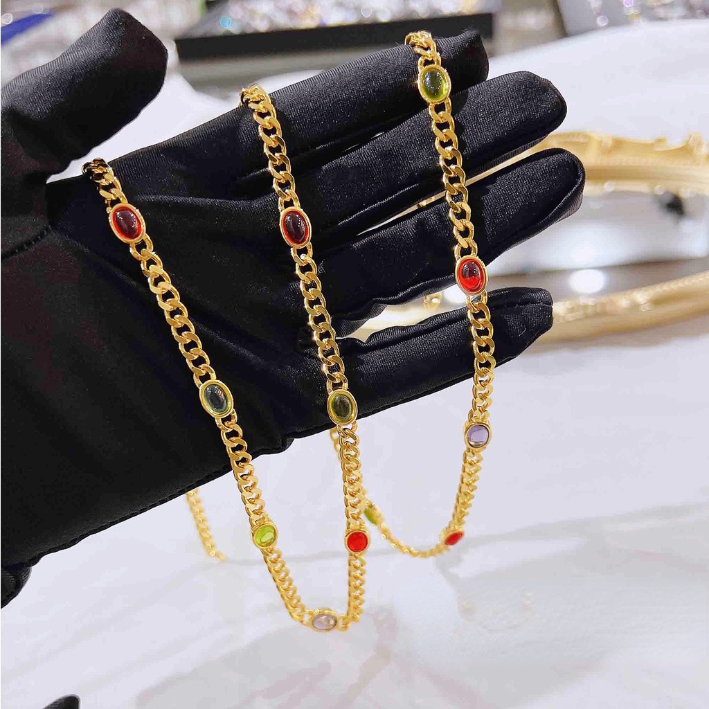 Goldkingdom Aksesoris Perhiasan Fashion Ready Stock Perhiasan Mewah Permen Bertatahkan Berlian Kalung Sweater Rantai Berliku Gelang Sederhana Lingkaran Tunggal Menyamping Gelang.