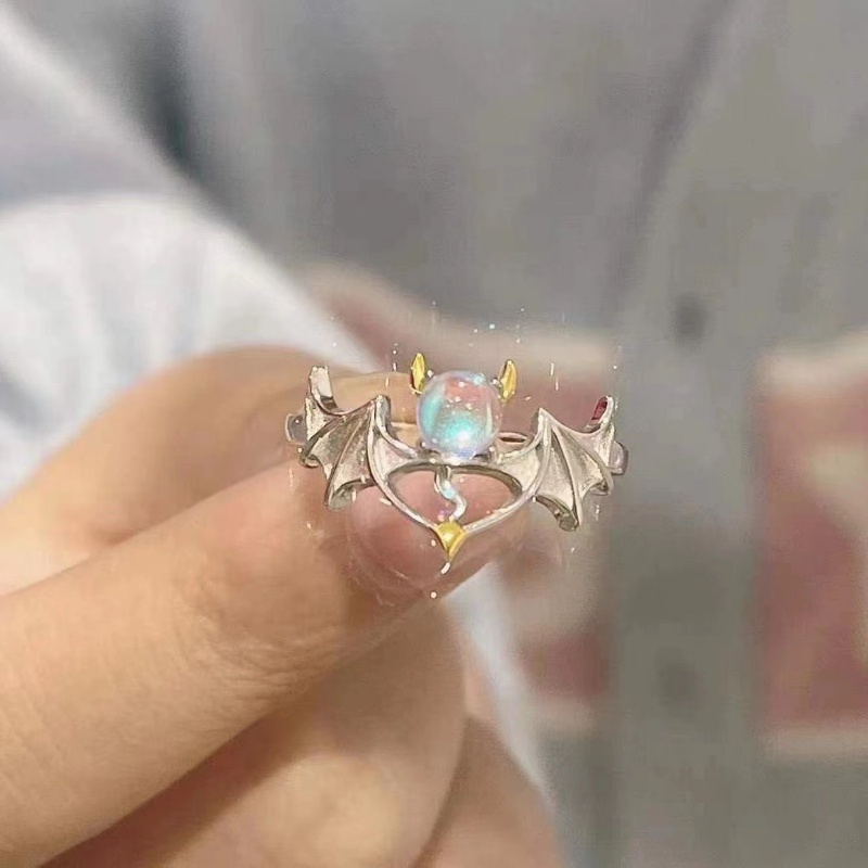 S925 Perak Wanita Vintage Bulan Batu Malaikat Setan Cincin Hadiah