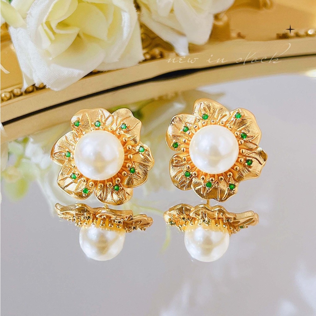 Goldkingdom Fashion Perhiasan Aksesoris Ready Stock French Vintage Pearl Stud Earrings Wanita Mewah Berlian Hijau Bunga Anting Cahaya Mewah Gaya