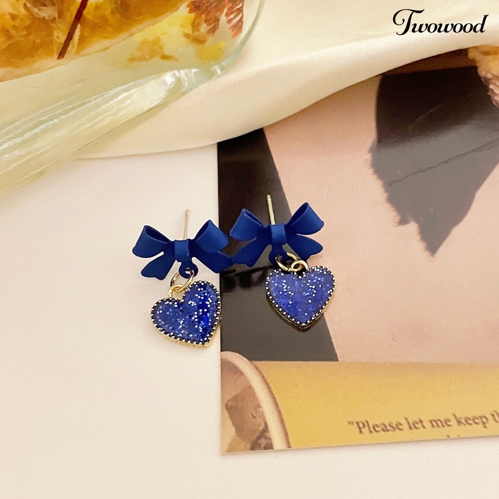 Twowood 1pasang Drop Earrings Glitter Ikatan Simpul Telinga Dekorasi Warna Biru Langit Temperamen Cinta Hati Hias Berlian Imitasi Anting Untuk Perjamuan