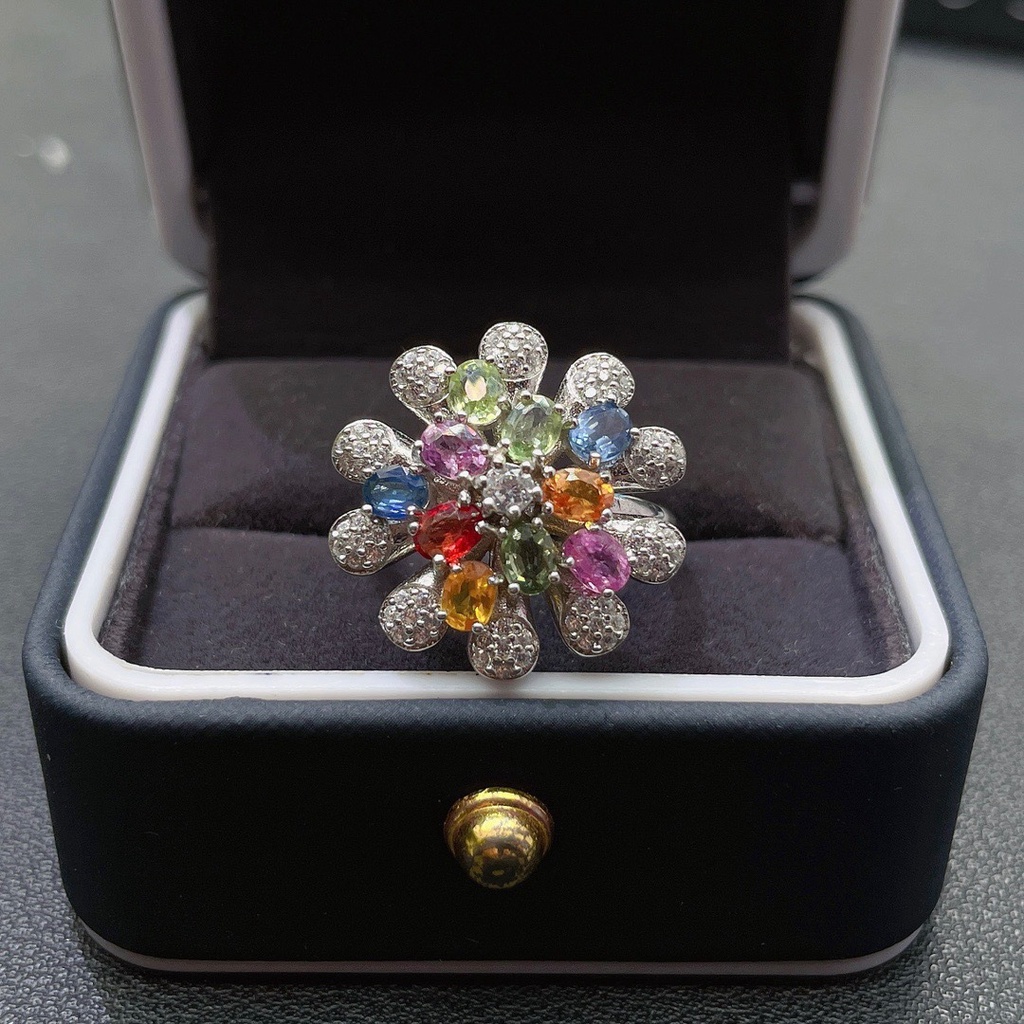 Goldkingdom Fashion Perhiasan Aksesoris Ready Stock Cahaya Mewah Fashion Imitasi Alami Srilanka Tidak Terbakar Safir Cincin Wanita Colorful Tourmaline Color Treasure Living Ring