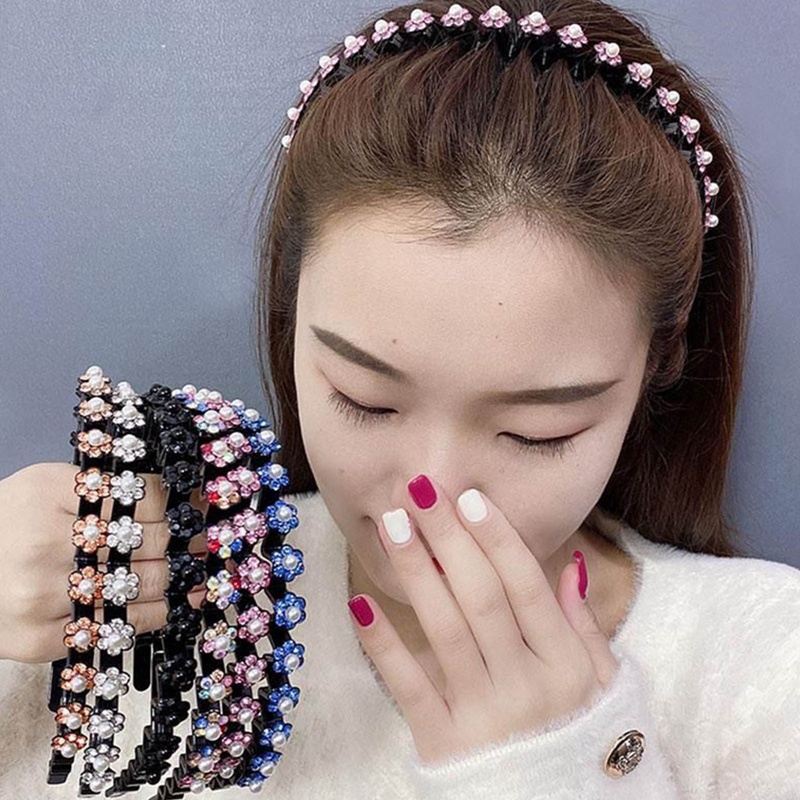 Double-layers Klip Rambut Dikepang Berlian Imitasi Mutiara Kupu-Kupu Wanita Rambut Band Hoop